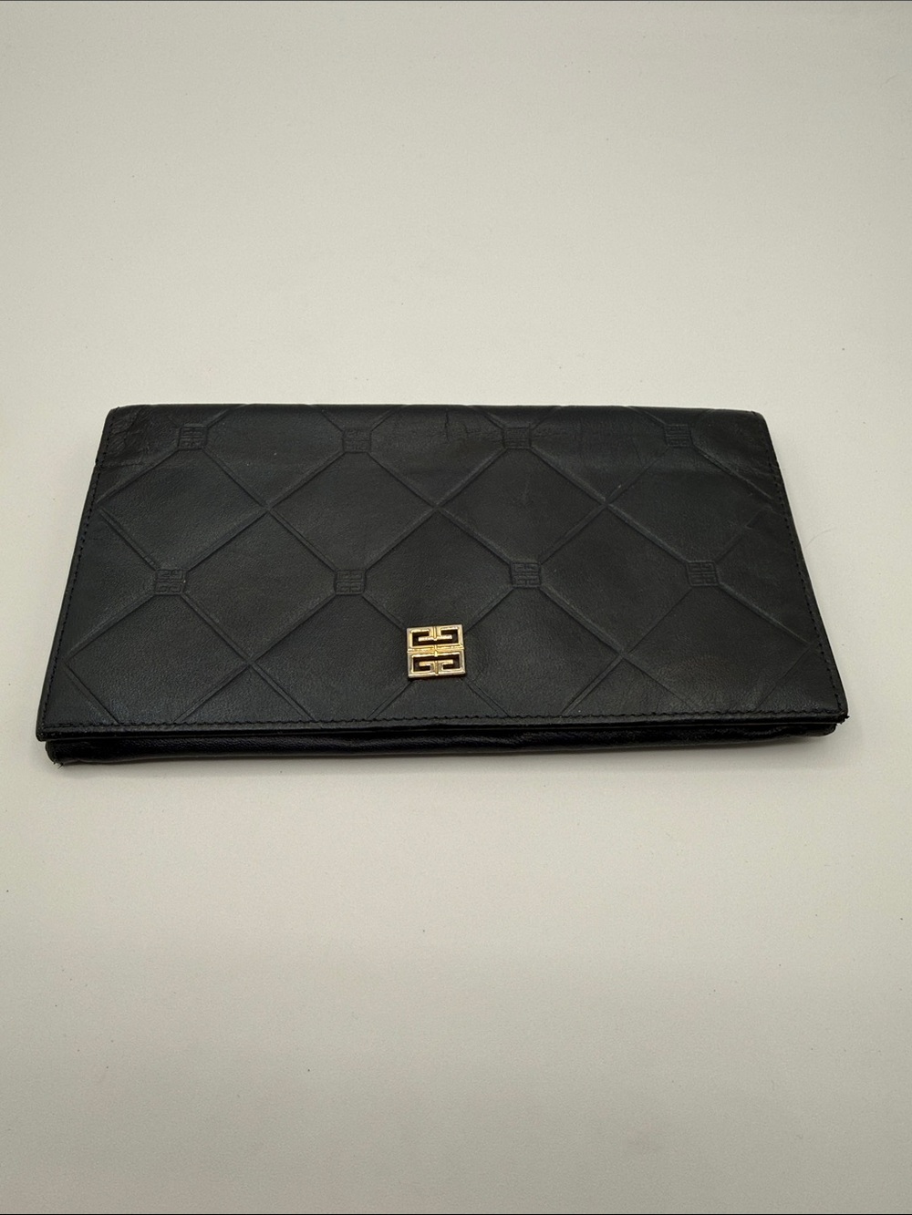 VTG Dark blue Quilted Leather Clutch with Gold Accent